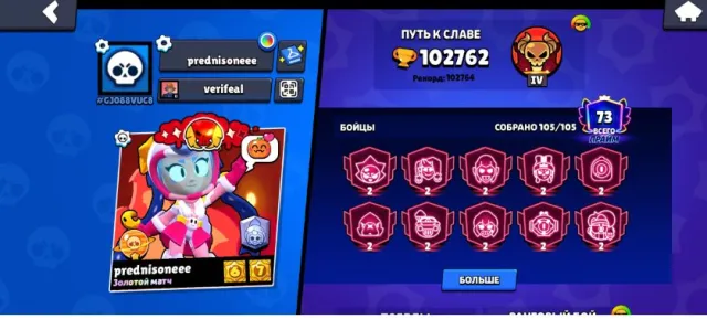 102k trophies, 10 second primes legendary league + many donated skins, 102837 trophies, 105 brawlers, 73 primes