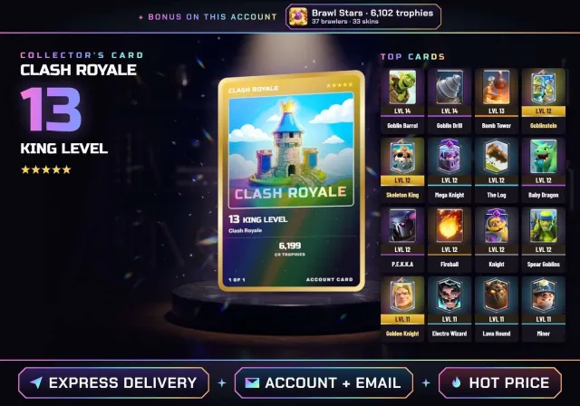 👑 ANDROID • IOS ✧ CR KING 13 ✧ Bomber, Firecracker, Skeletons, Mortar, Goblinstein, Skeleton King, 17 arena, 13 level, 6199 trophies, 113 cards, No