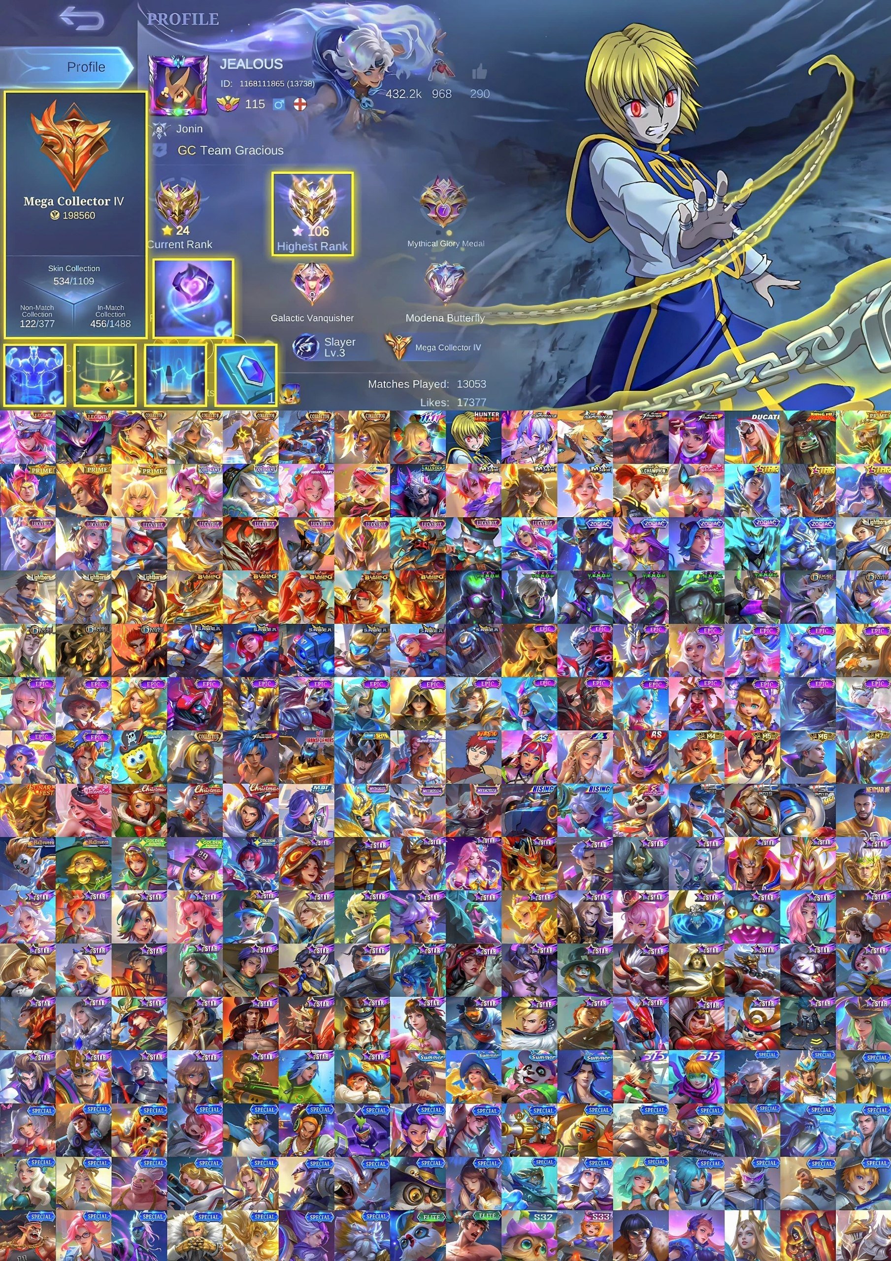 🔥MEGA COLLECTOR, Legendary Freya Mia, LSS Collector Lapu Esma Arlot, Kof Gossen, Sale, Rank: Mythical Immortal, Level: 115, Winrate: 57%, Heroes: 132, Skins: 534