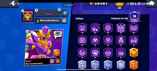 Account is 2 years old, has rare skins, 28672 trophies, 79 brawlers, 14 primes