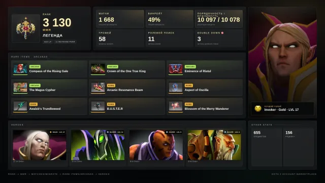 ✨Legend 1 ≈ 3130 MMR✅10097 Decency✅✨WR/WK/QoP/Rubick Arcana✨Immortal Tiny✨Tiers✨Sets✨, Sale, 3130 MMR, 10097 decency, 10078 politeness, 1737 matches