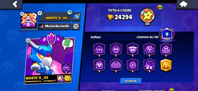 many different skins, 24294 trophies, 84 brawlers, 9 primes