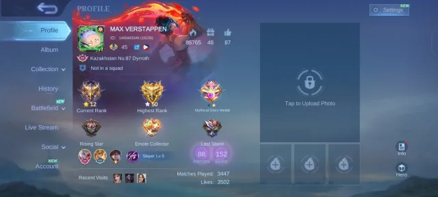 GUSSION 11.11 VEXANA ASPIRANT CLAUDE SANRIO LUCKYBOXS HAYABUSA URANUS LEOMORD, Sale, Rank: Mythic, Level: 75, Winrate: 54%, Heroes: 88, Skins: 152