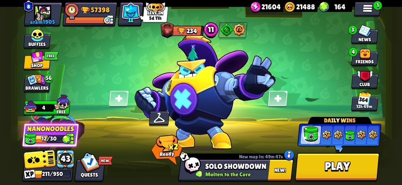 57k 💎, 104 brawlers + Sirius, 13 leg, 48 11 strength + 43 hyper, 164 gems, 300 skins, description👇, trophies 57000, brawlers 104, primes 8