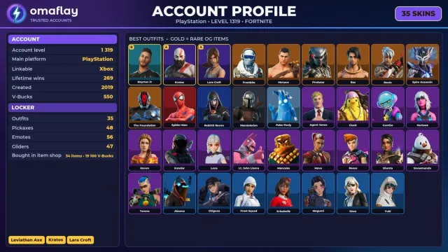 ⚡ 【FORTNITE】 💎 Leviathan Axe, Kratos, Lara Croft, Neymar Jr 💎 35 skór | 1319 lvl | 550 V-Bucks, Sprzedaż, skór 35