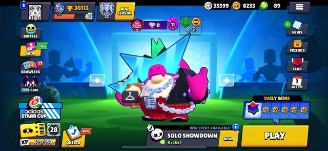 🏆30113🏆🀄Bad Boy + Ninja + Rebel + Berserker🀄🎀Corsair + Captain + Pirate🎀💟SpongeBob Skins💟, trophies 30113, brawlers 88, primes 5