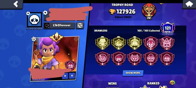 128K🏆 3 3 PRIME🟨 MASTER 2024💫121 PRIME🟪 LOTS OF BP👈, 128000 trophies, 105 brawlers, 121 primes