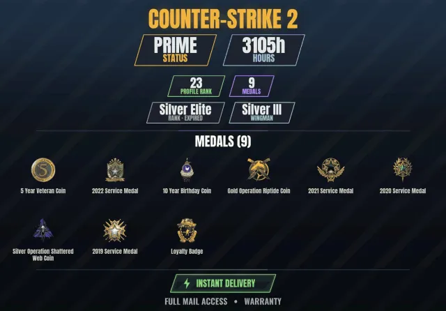 【CS2 Prime🎯3100h👑9 medals】【RUST】 10-year Anniversary Coin, Gold Riptide Operation Coin, Silver, Sale, With inventory, Has PRIME