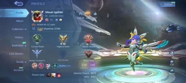 🔥🔥EPIC Vexena lunox Kagura Nana Carmila khufra Gaara Vale emblem Max, Sale, Rank: Mythic, Level: 71, Winrate: 45%, Heroes: 118, Skins: 186