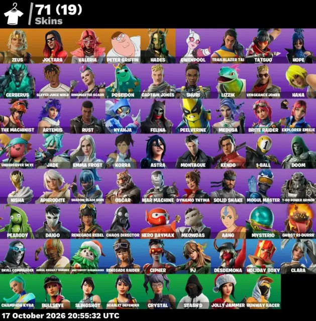 🚀 【FORTNITE】 ✨ Renegade Raider, Zeus, Joltara, Valeria, Peter Griffin, Hades ✨ 71 Skin | 814 Stufe, Verkauf, Skins 71