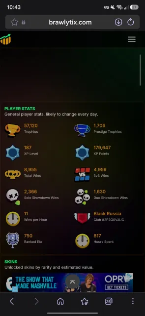 🥇57K TROPHIES🏆 💜24 PRIMES😎 💎MANY RARE SKINS💍, 57000 trophies, 103 brawlers, 24 primes