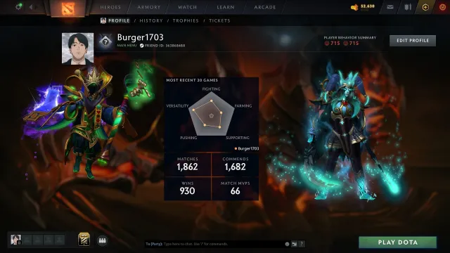 Stufe 2 | Arcana Rubick · PA | Persönlichkeiten AM · Pudge | 857 Skins | 1862 Spiele, Verkauf, 921 MMR, 715 Ehrlichkeit, 715 Höflichkeit, 1862 Spiele, 2652 Stunden