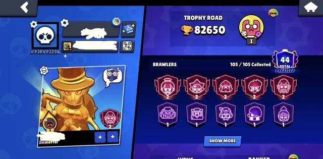 Fat Account, Screens in the description!!, 82500 trophies, 105 brawlers, 45 primes