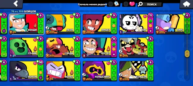 all epics, all legendaries except Nani and Meg. 135 gems 69k coins 40k power points, 24 trophies, 76 brawlers, 7 primes