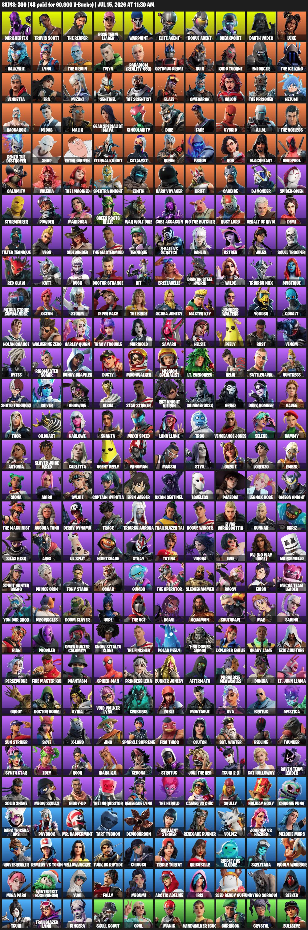 🔥 300 SKINS | DARK VERTEX 🌑 | TRAVIS SCOTT 🎤 | THE REAPER 💀 | MERRY MINT 🪓 | EMAIL CHANGEABLE 📧, Sale, skins 300