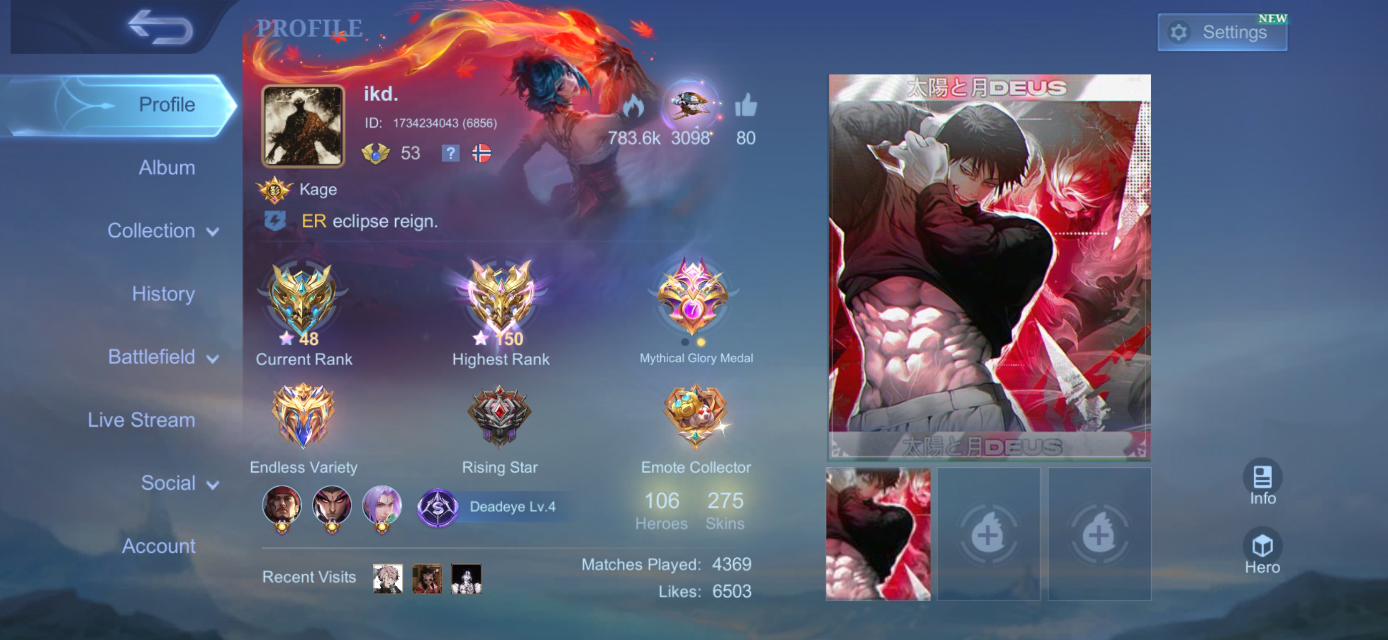 Selling an account with all links removed and relinked to email, Sale, Rank: Mythic, Level: 53, Winrate: 58%, Heroes: 106, Skins: 275