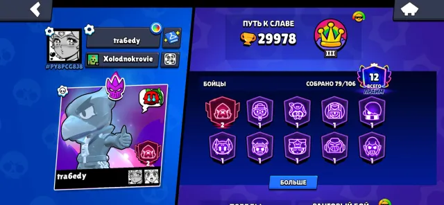 account 19 years, rare skins, price negotiable, 29978 trophies, 79 brawlers, 12 primes