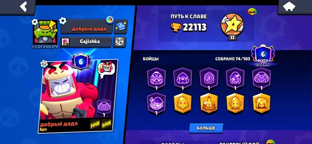 Acount Brawl Stars 22113 trophies, trophies 22113, brawlers 74, primes 6