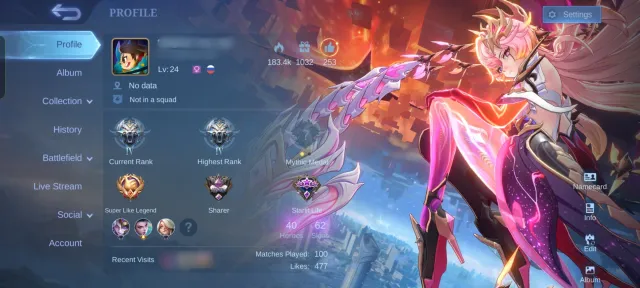 ASPIRANT OBSIDIAN • LIGHTBORN FANNY, HARRIT • COLLECTOR HANABI • EPIC LSS, GOSSEN, Sale, Rank: Grandmaster, Level: 24, Win Rate: 98%, Heroes: 40, Skins: 62