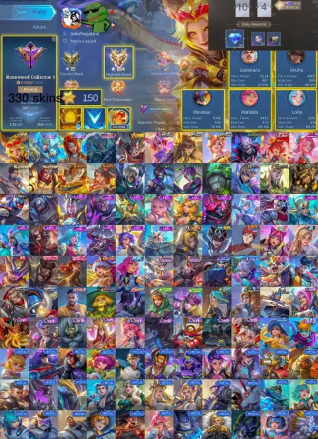 🏆Total ranks 804 Immortal Stars ⚡ Max Heroes 💎 Max Emblems 📊 60–70% Highest Win Rate, Продажа, Ранг: Мифический, Уровень: 143, Процент побед: 60%, Герои: 133, Облики: 322