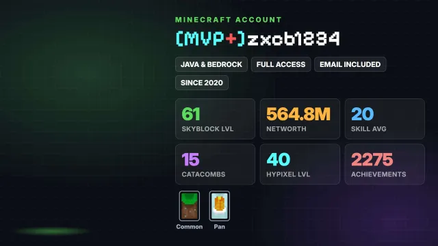 👑 [MVP+] 🌱 SkyBlock 61 lvl 💰 564.8M Networth 🦸 Cloaks (2): Common ✅ Java & Bedrock & full access, Sale, All account data