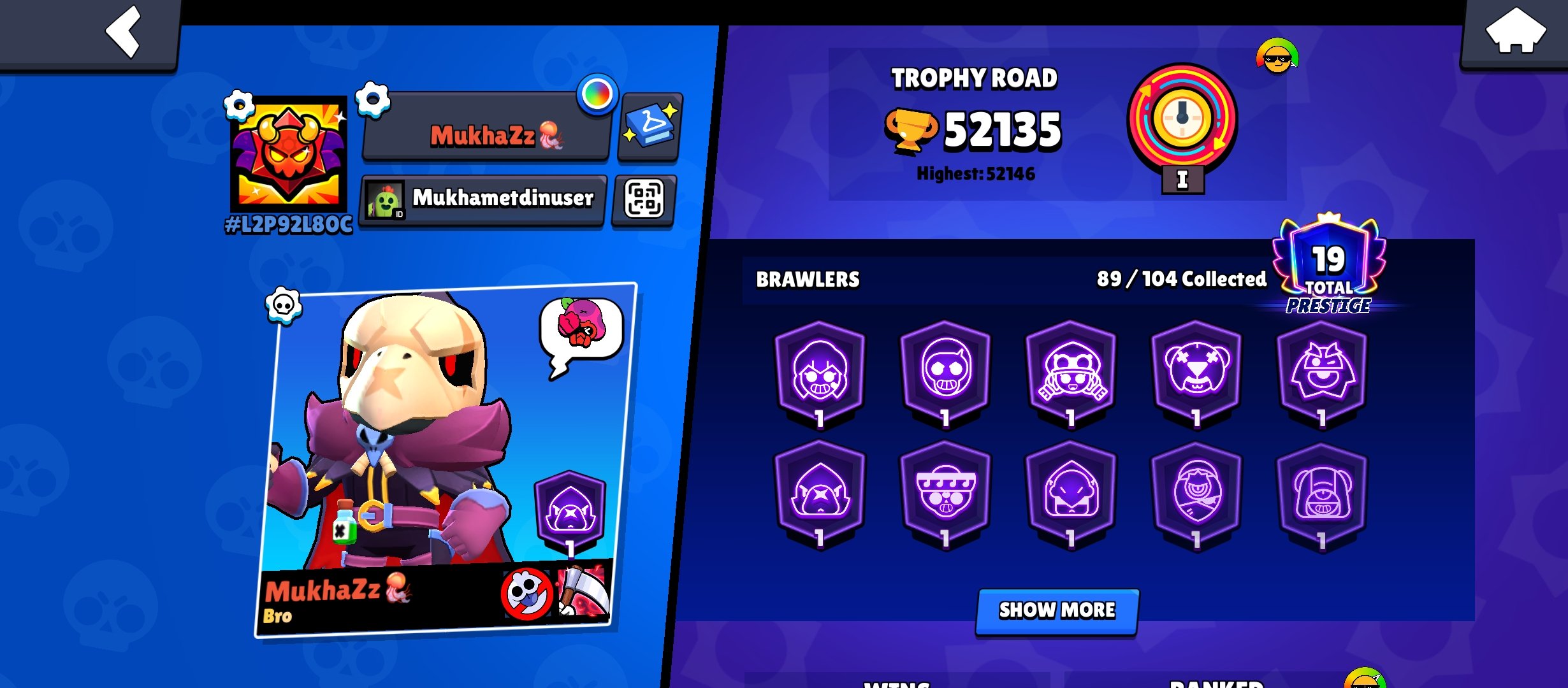 🏆𝟱𝟮𝐊🏆【GOLD MORTIS】👤89/1O4👤𝟮𝟭𝟬 SKINS~18k💎❰+ROYALE 10K🏆❱📹VIDEO REVIEW📹, trophies 52000, brawlers 89, primes 19
