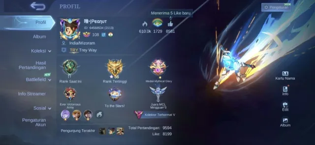🍀Legend/Legа Gossen, Gold star Hayabusa, Kagura, summer and valentine Fanny🍁, Sale, Rank: Mythical Glory, Level: 108, Win rate: 56%, Heroes: 133, Skins: 356