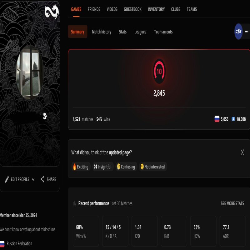 🌟 2845 ELO | 🏆 1521 matches | 💪 1.09 KD — Ready for Competitive Matches!