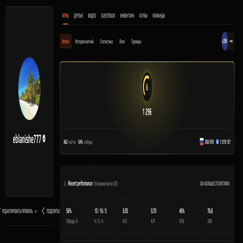 🏆 6 LVL FACEIT | 🎯 1296 ELO | 🕒 462 matches — Ready for Competition!