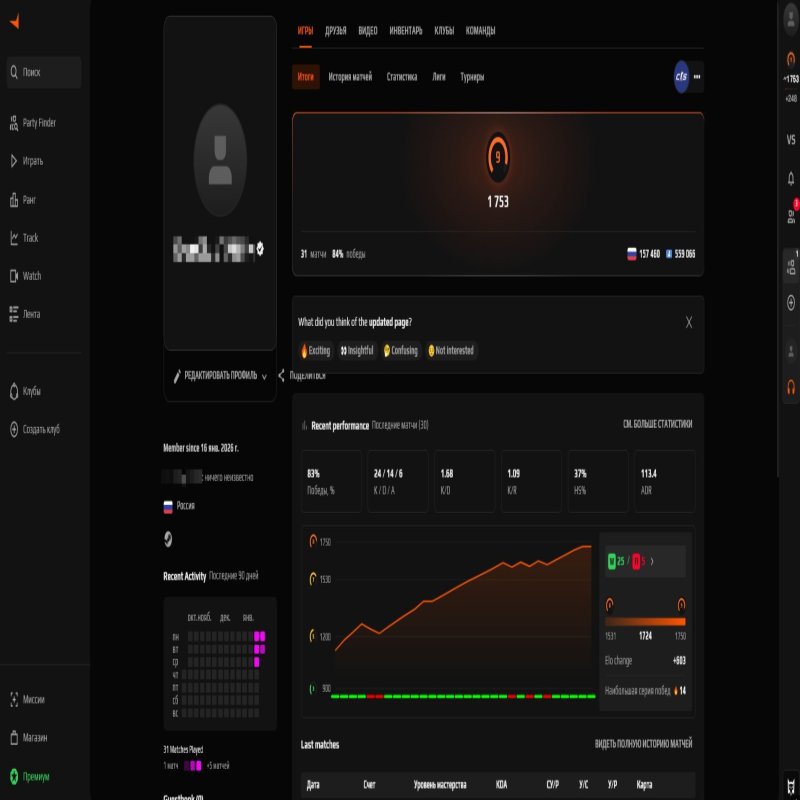 💎 FACEIT LVL 9 | 🎖️ 1753 ELO | 🕒 31 матч — Готовий до змагань!