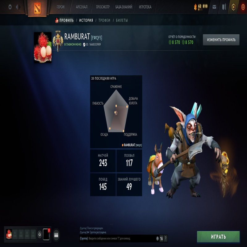 🏅 MMR 3374 | 🕒 236 годин | 🛡 8570