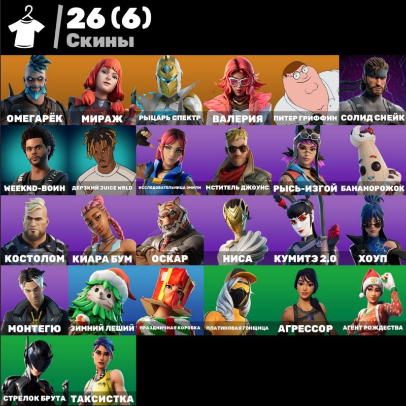 26 скінів | Omega | Mirage | Knight Specter | Valeria | Peter Griffin | 100 VB