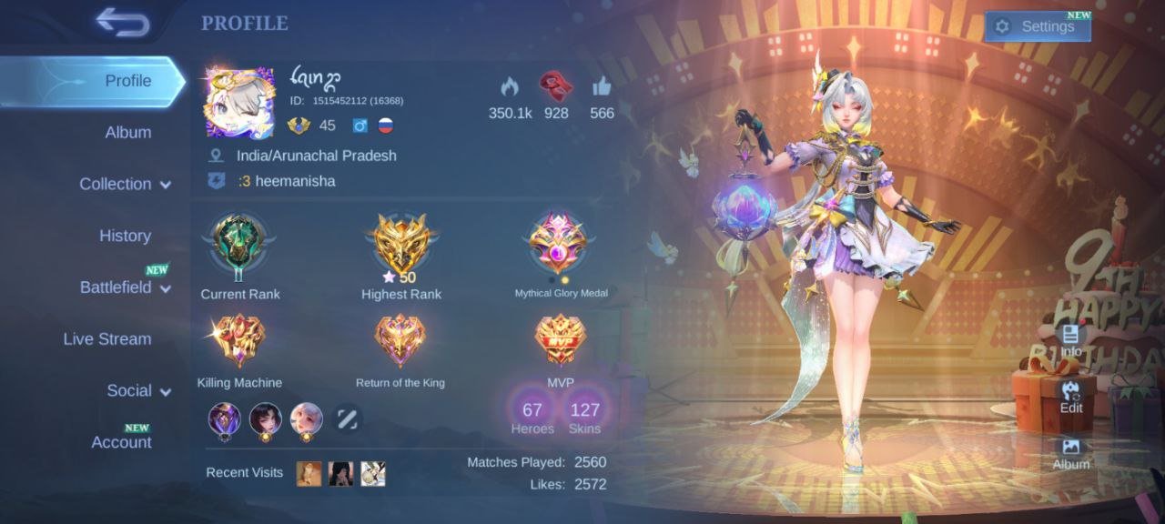🎮 Mobile Legends account | Mythic | 67 heroes | 127 skins