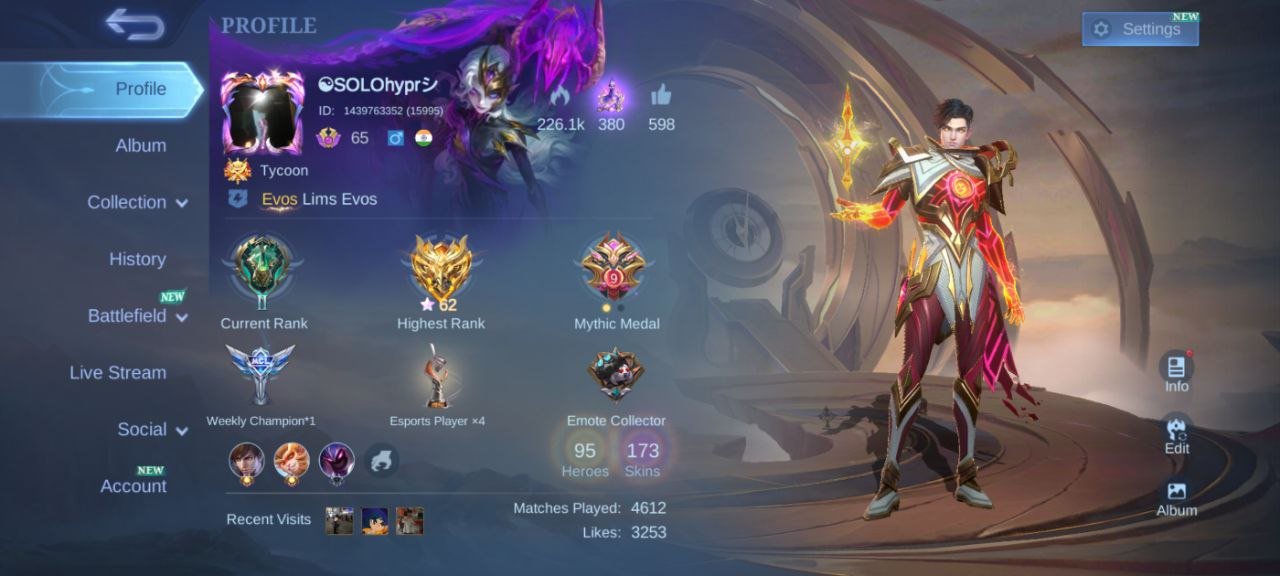 🎮 Mobile Legends account | Mythic | 95 heroes | 173 skins