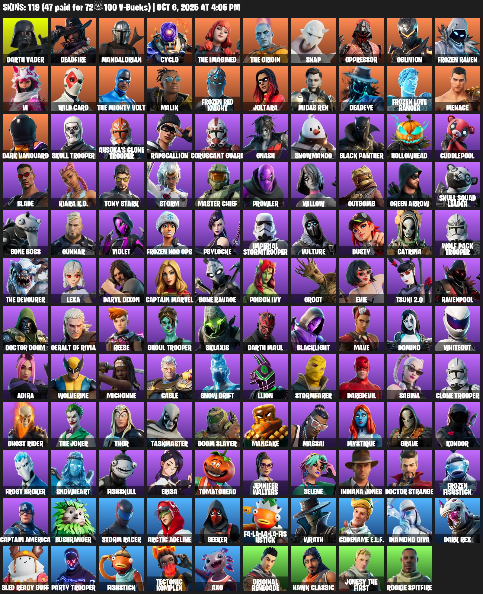 💖119 skins + Email Change🌟Darth Vader🪐Mandalorian🌟Tony Stark👽Wolverine🌌Doctor Doom⚡Ghost Rider