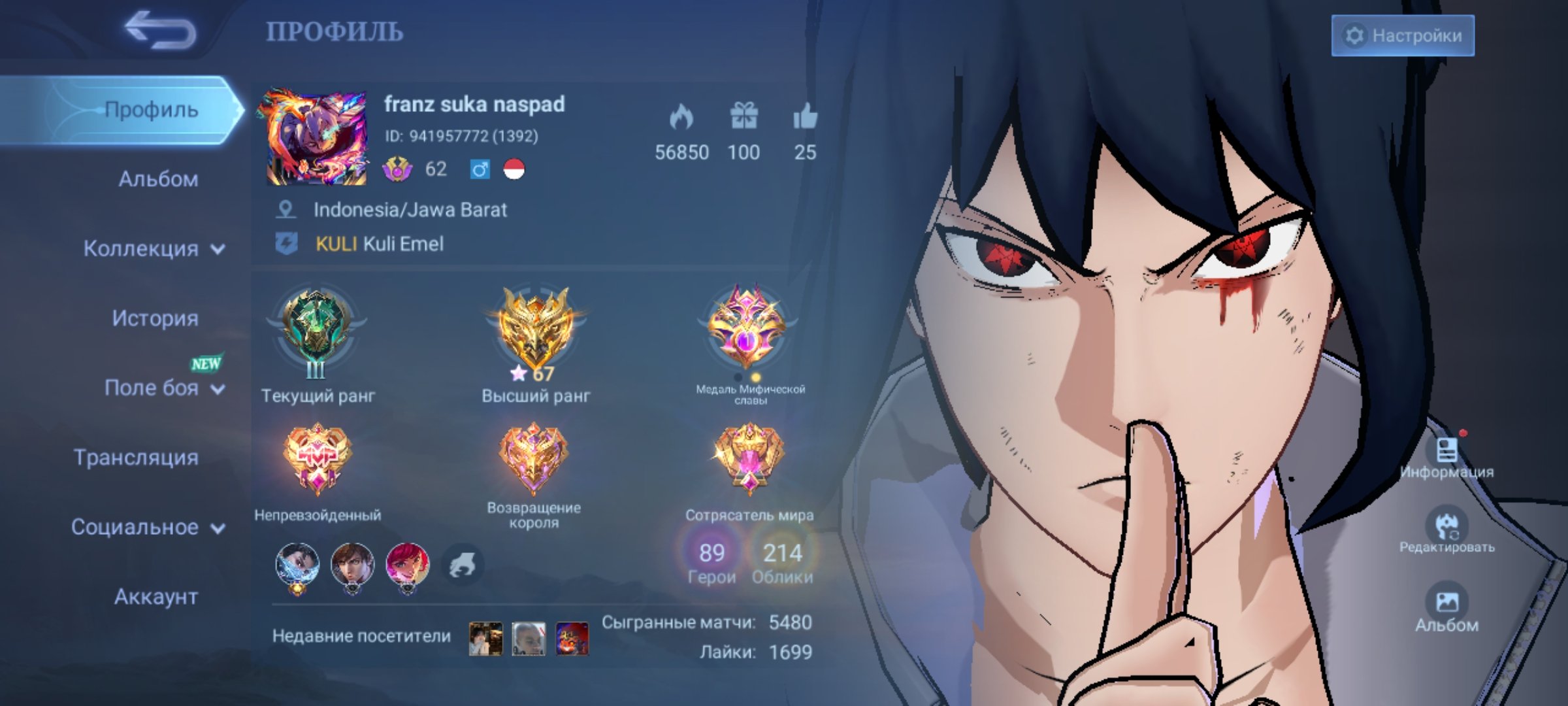 🎮 Mobile Legends account | Epic | 89 heroes | 214 skins