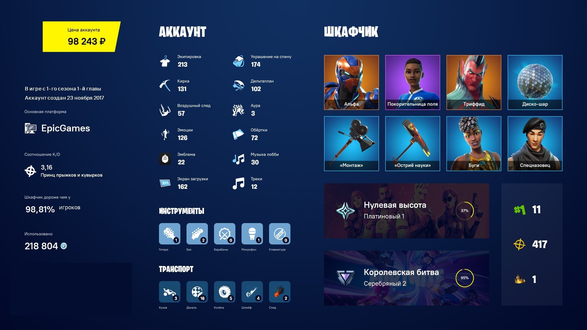 🎨 214 skins | 🌟 Fortnite account