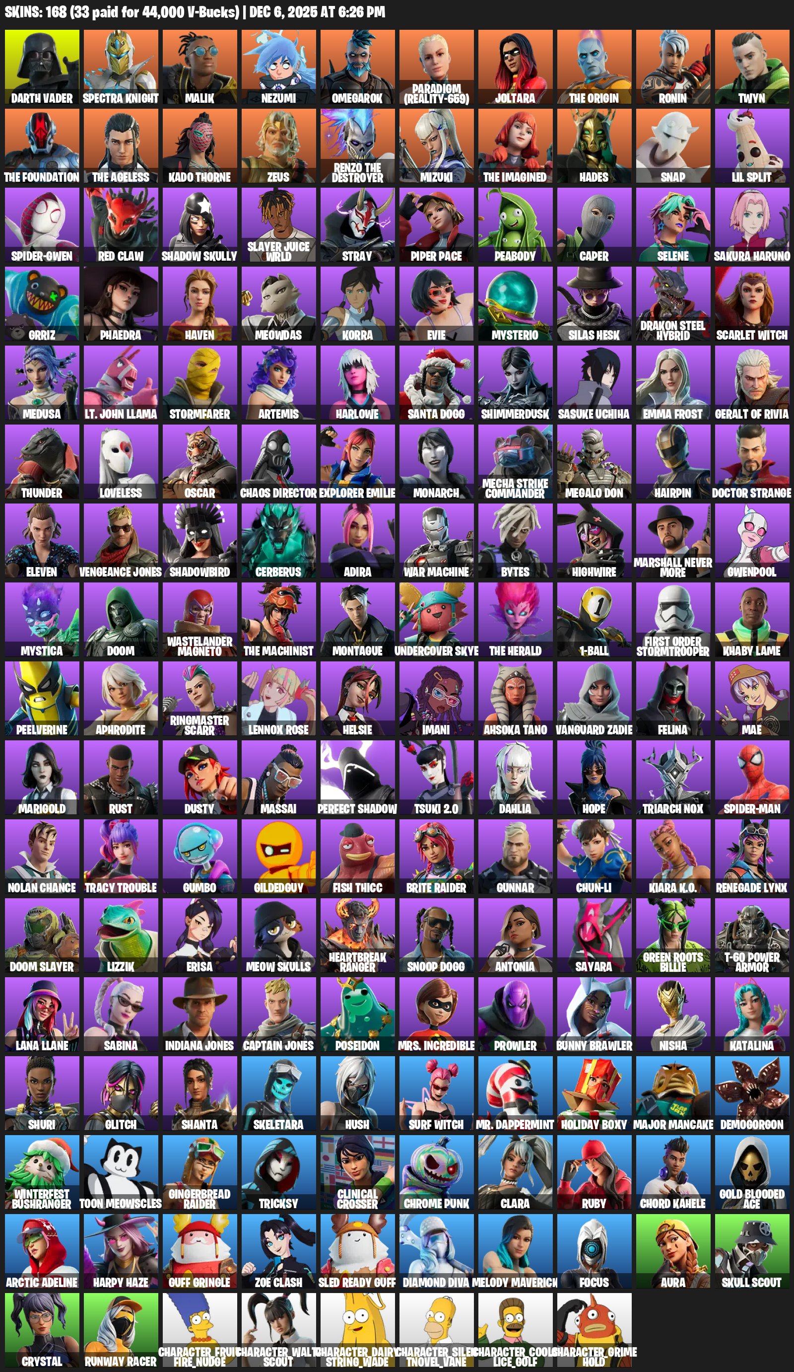 168 скінів | 🌟 Fortnite акаунт