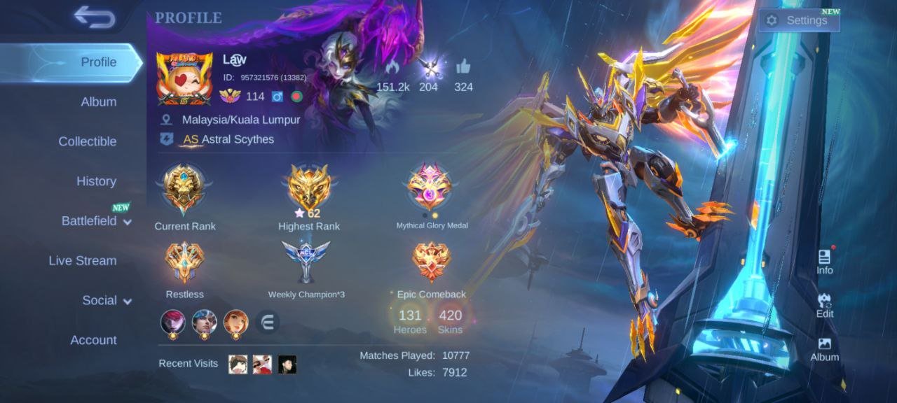 🎮 Mobile Legends account | Mythic | 131 heroes | 420 skins