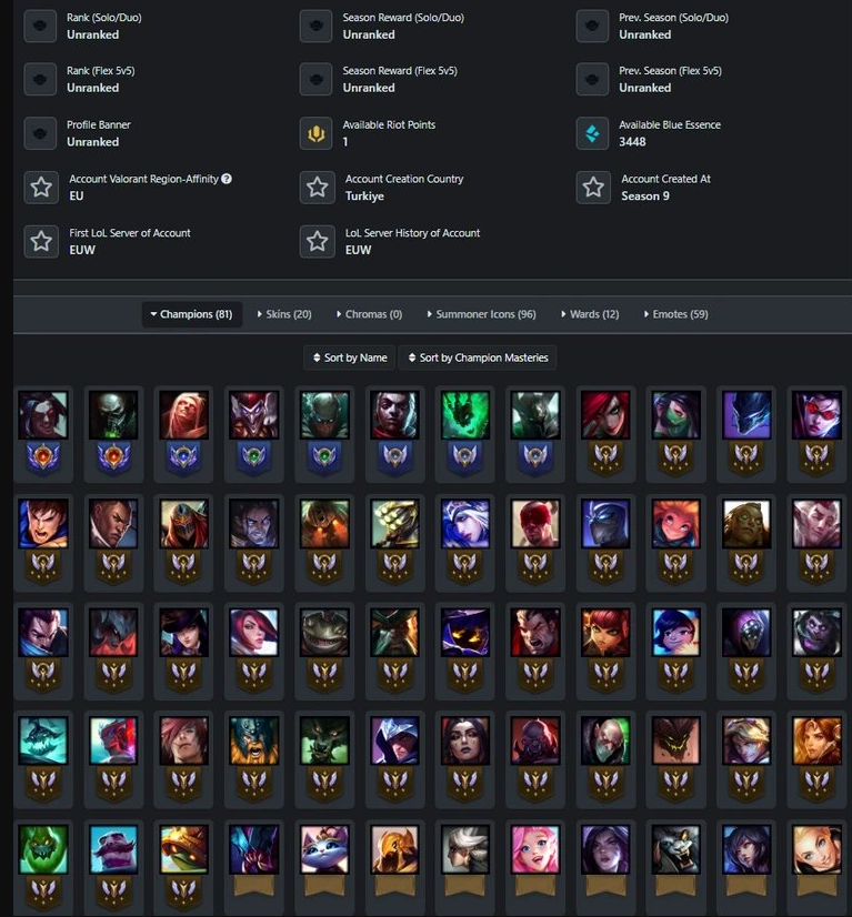 🎀 LoL EUW | 21 Skins + 81 Champions | Level 179 | Full Access 💌 | Instant Delivery ✅ | Code: N0303