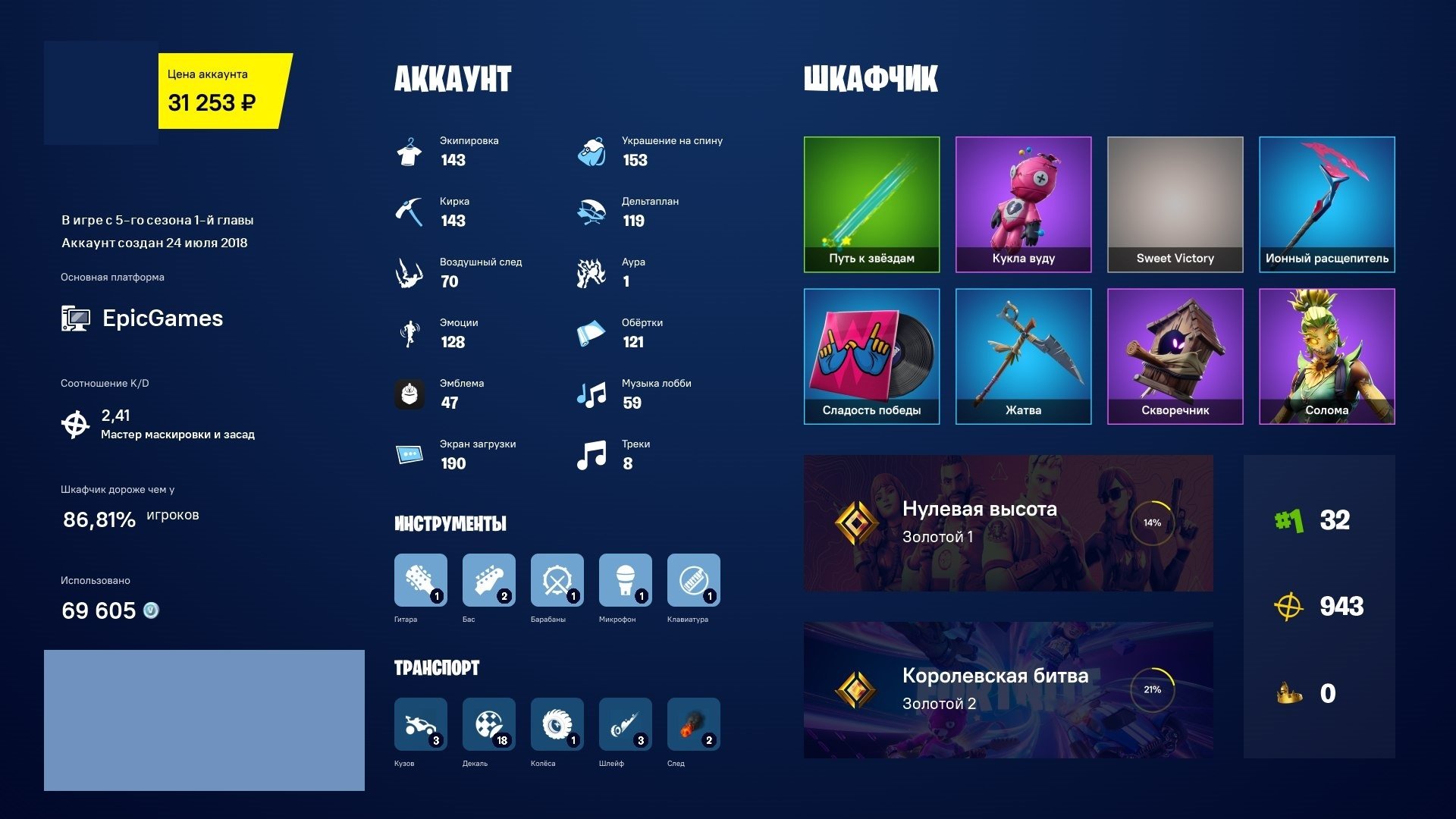 Diverse Fortnite Collection with 143 Unique Skins 🎭🖥