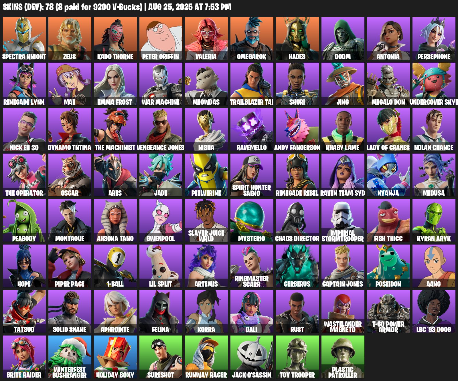 Diverse Fortnite Battle Royale Collection with 78 Unique Skins