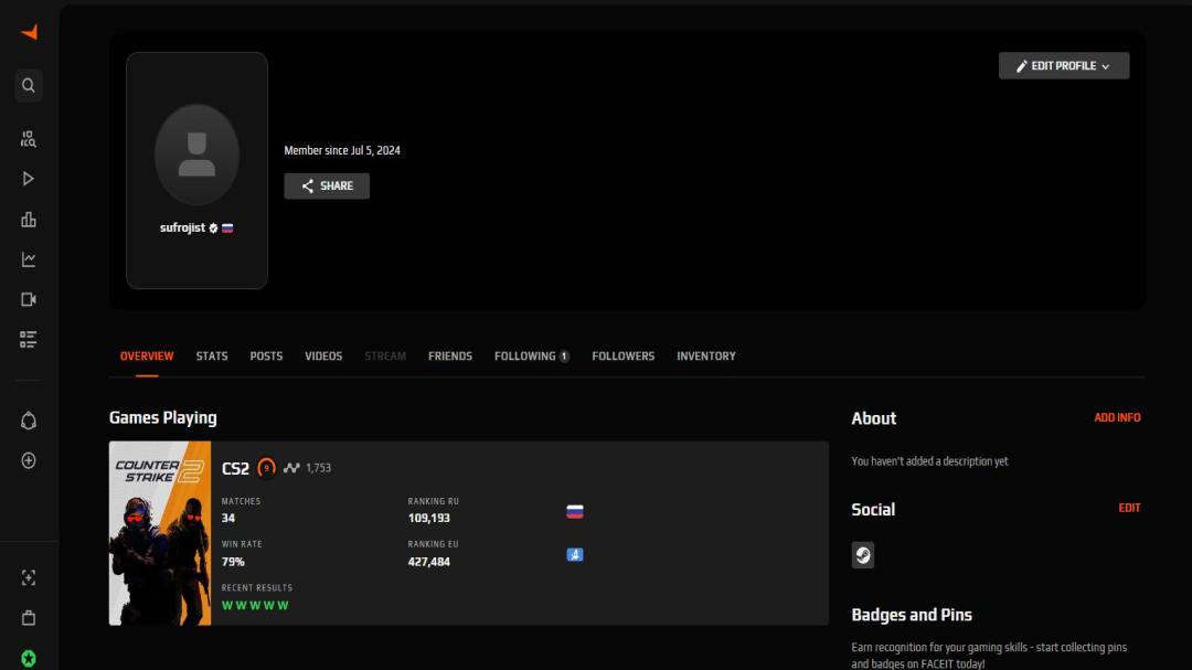 FACEIT акаунт з ELO 1753 без Prime