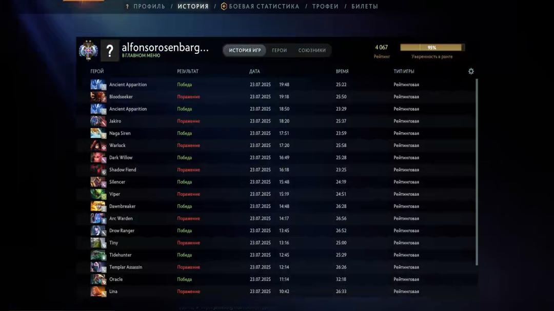 Акаунт з рейтингом 1740 та 155 годинами в Dota 2