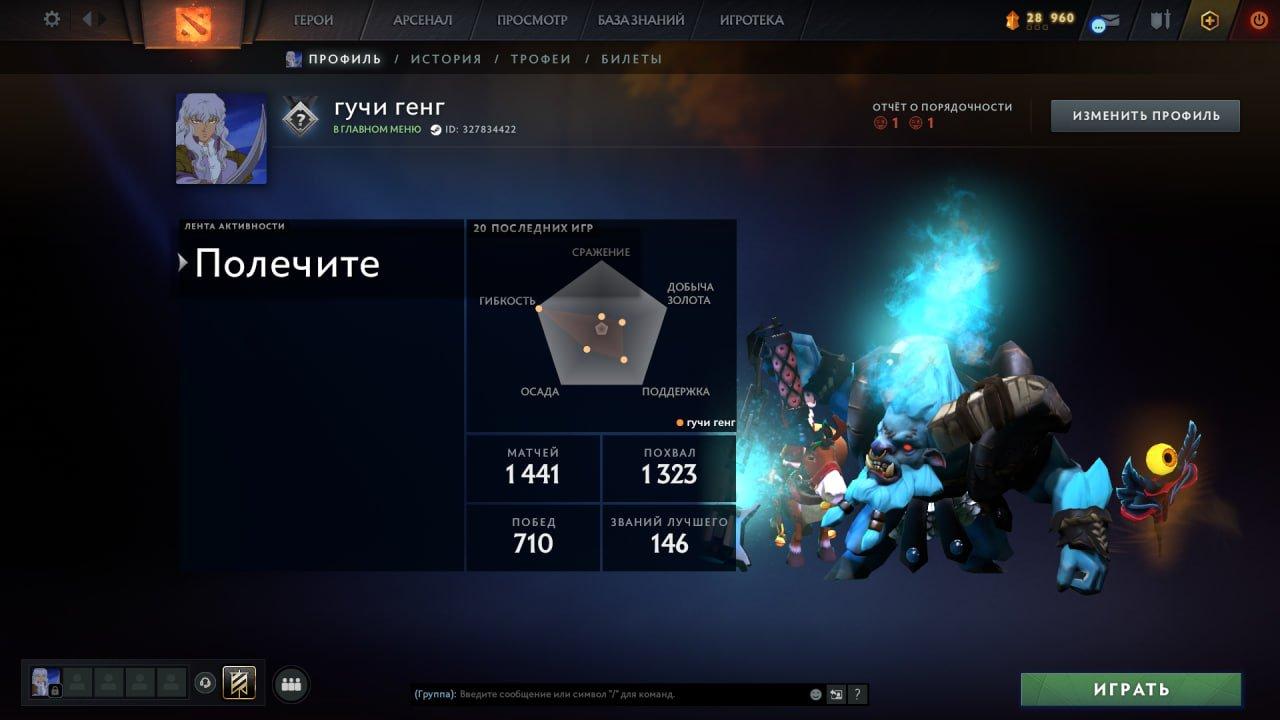 Акаунт Dota 2 з рейтингом 1000 та 1700 годинами гри